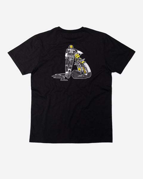 Black T-shirt with a graphic design of a person on a motorcycle back