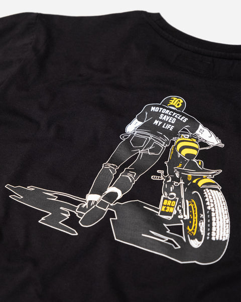 Black T-shirt with a graphic design of a person on a motorcycle back detail