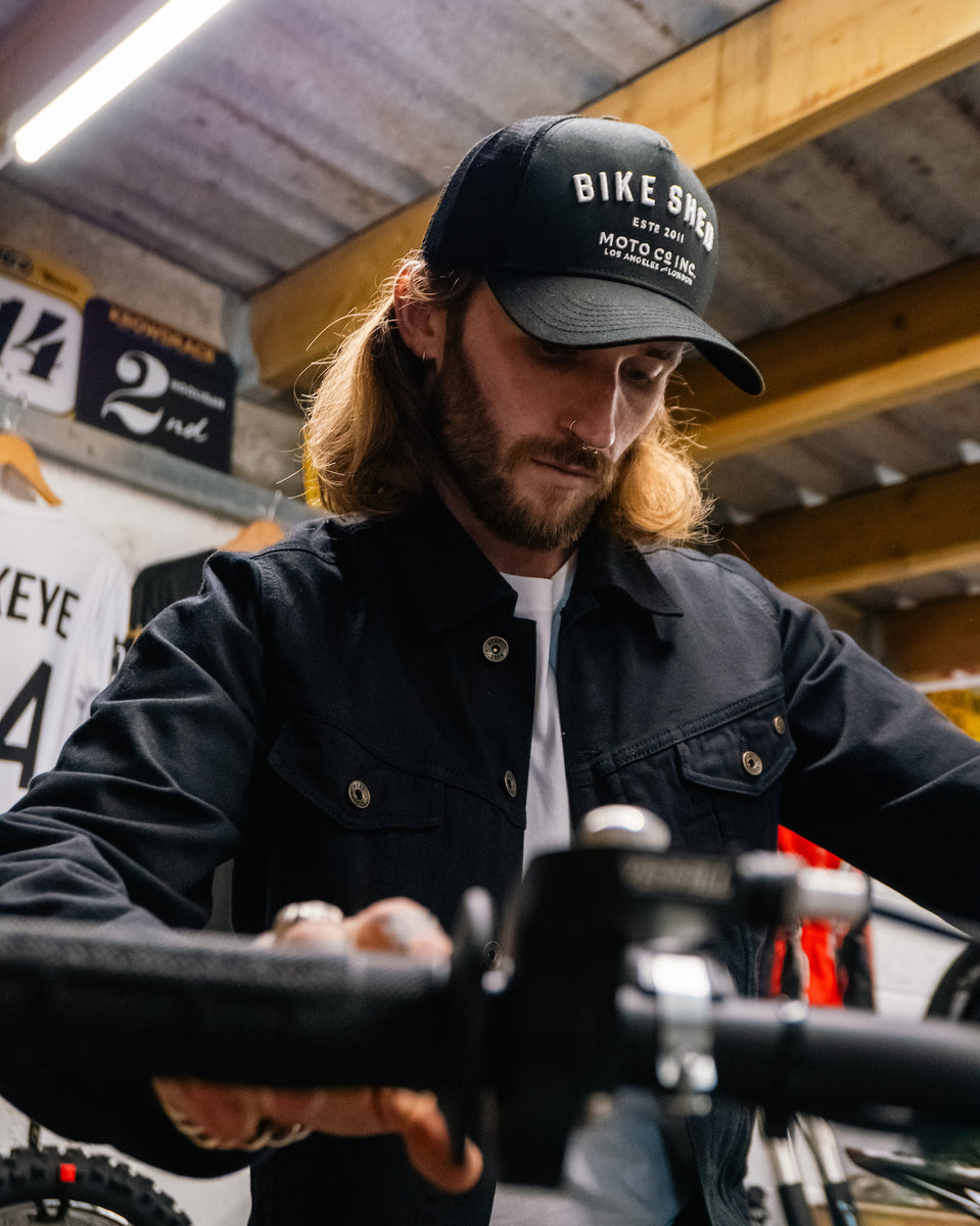 Hawkeye Moto wearing our Bike Shed Motorcycle Denim Jacket - Cordura Black