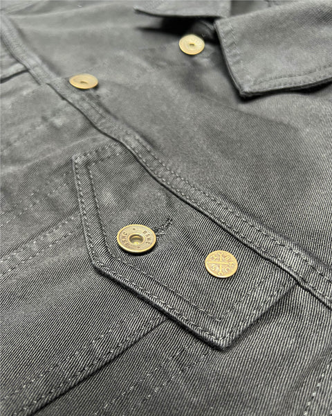 Bike Shed Motorcycle Denim Jacket - Cordura Black, outer pocket and pin