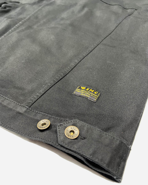 Bike Shed Motorcycle Denim Jacket - Cordura Black, back hem logo and button adjuster