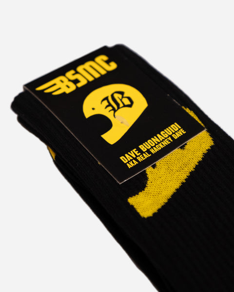 "BROK3N" Socks Yellow and black close up packaging