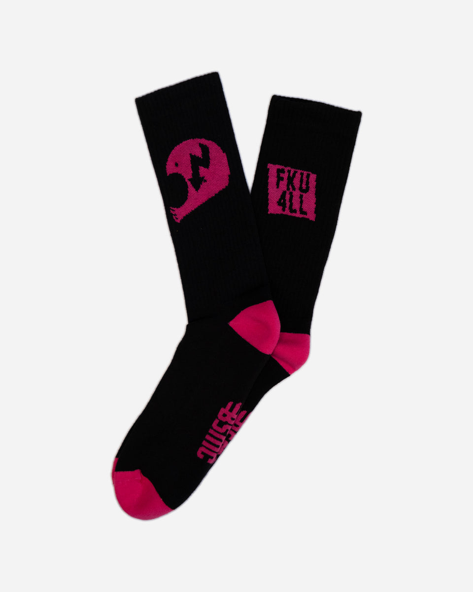 "FKU 4LL" pink and black socks 