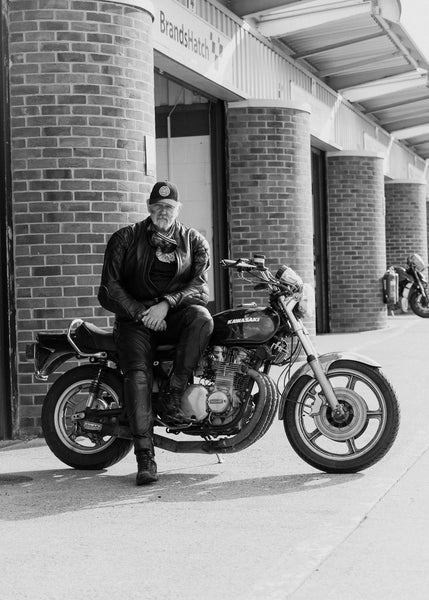 Member wearing our Bike Shed Moto Co. Roundel Patch Baseball Hat - Black