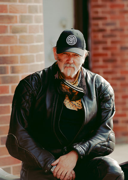 Member wearing our Bike Shed Moto Co. Roundel Patch Baseball Hat - Black