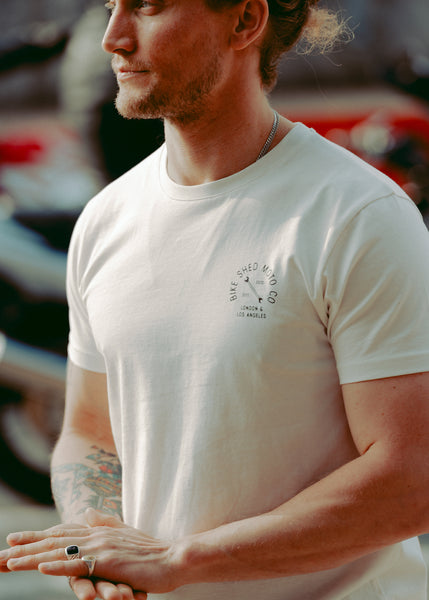 Steve wearing our BSMC Motorcycle Graphic T Shirt  - White