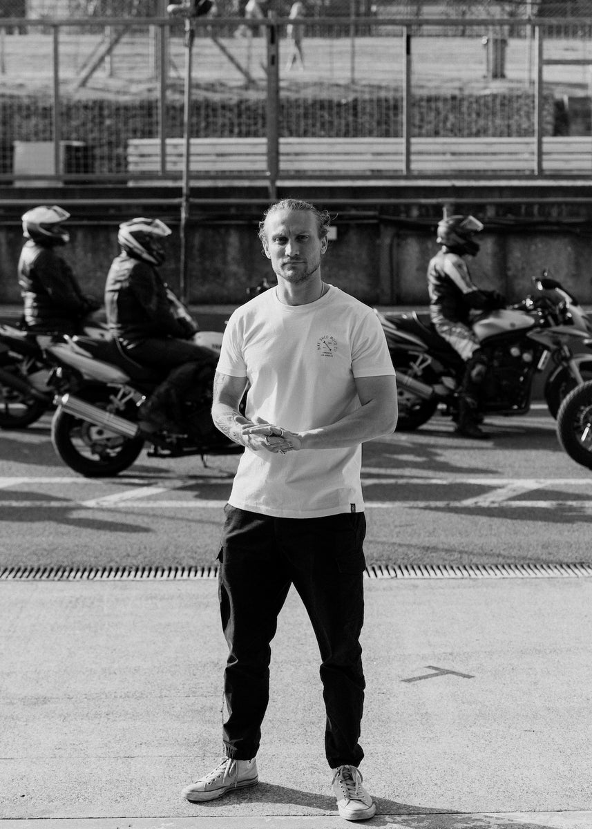 Steve wearing our BSMC Motorcycle Graphic T Shirt - White