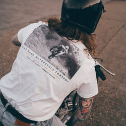 Hawkeye Moto wearing our BSMC Dirt Shot T-Shirt - White