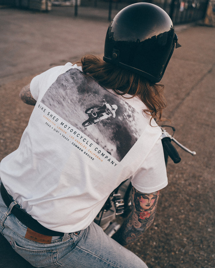 Hawkeye Moto wearing our BSMC Dirt Shot T-Shirt - White