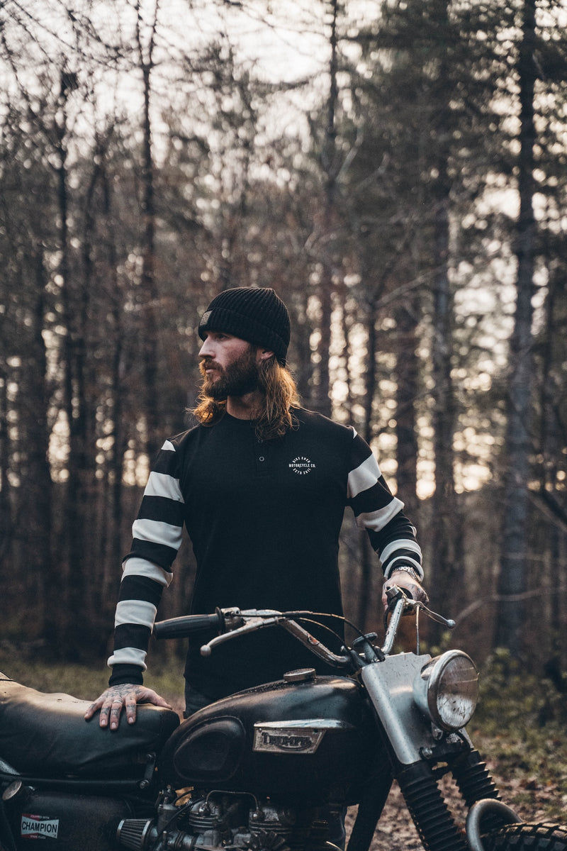 Hawkeye Moto Wearing our BSMC Rocker Long Sleeve Waffle - Black/Cream