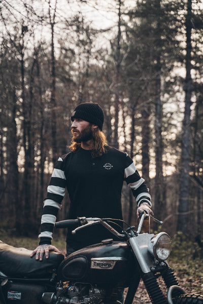 Hawkeye Moto Wearing our BSMC Rocker Long Sleeve Waffle - Black/Cream