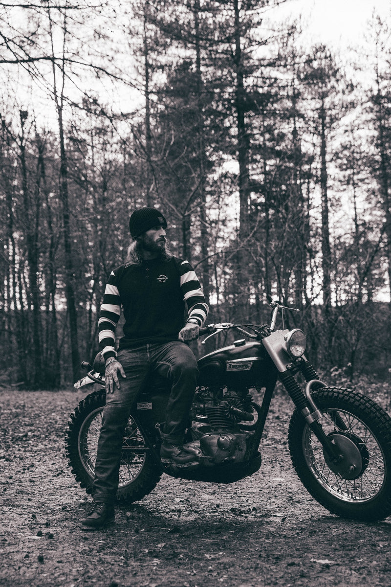 Hawkeye Moto Wearing our BSMC Rocker Long Sleeve Waffle - Black/Cream