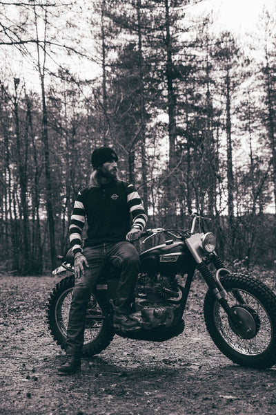 Hawkeye Moto Wearing our BSMC Rocker Long Sleeve Waffle - Black/Cream