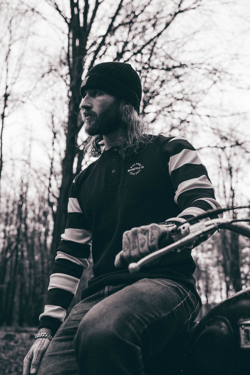 Hawkeye Moto Wearing our BSMC Rocker Long Sleeve Waffle - Black/Cream