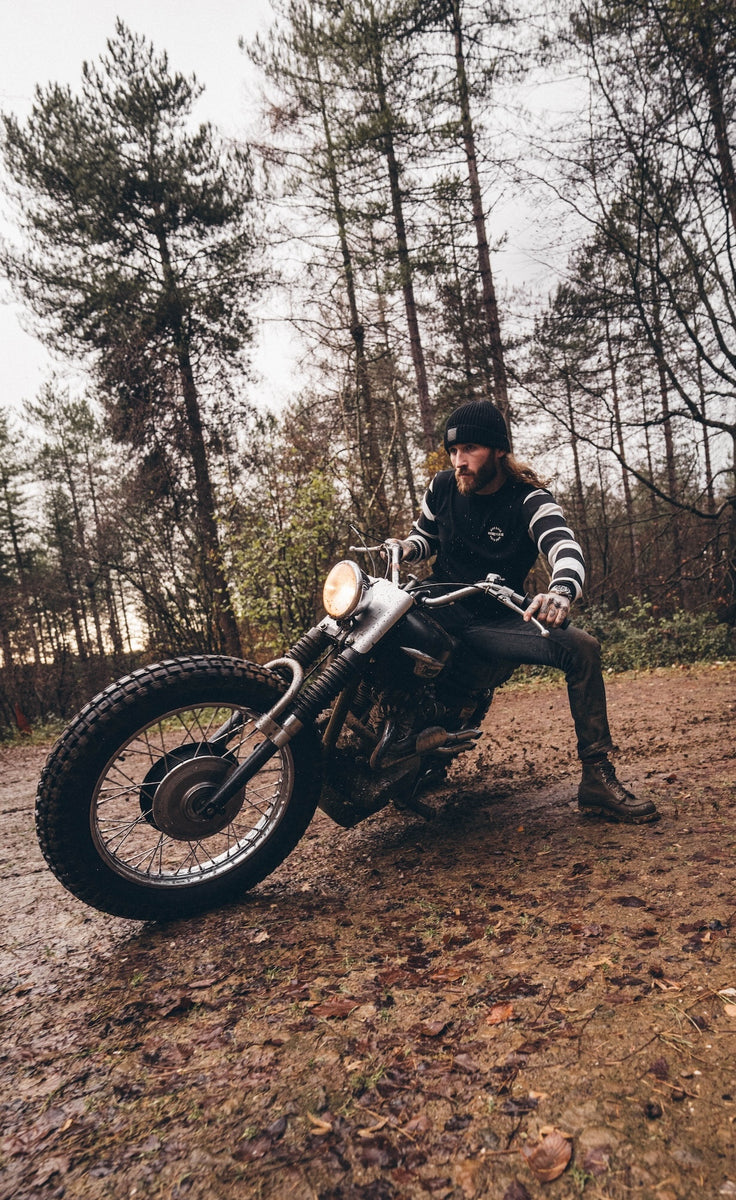 Hawkeye Moto Wearing our BSMC Rocker Long Sleeve Waffle - Black/Cream