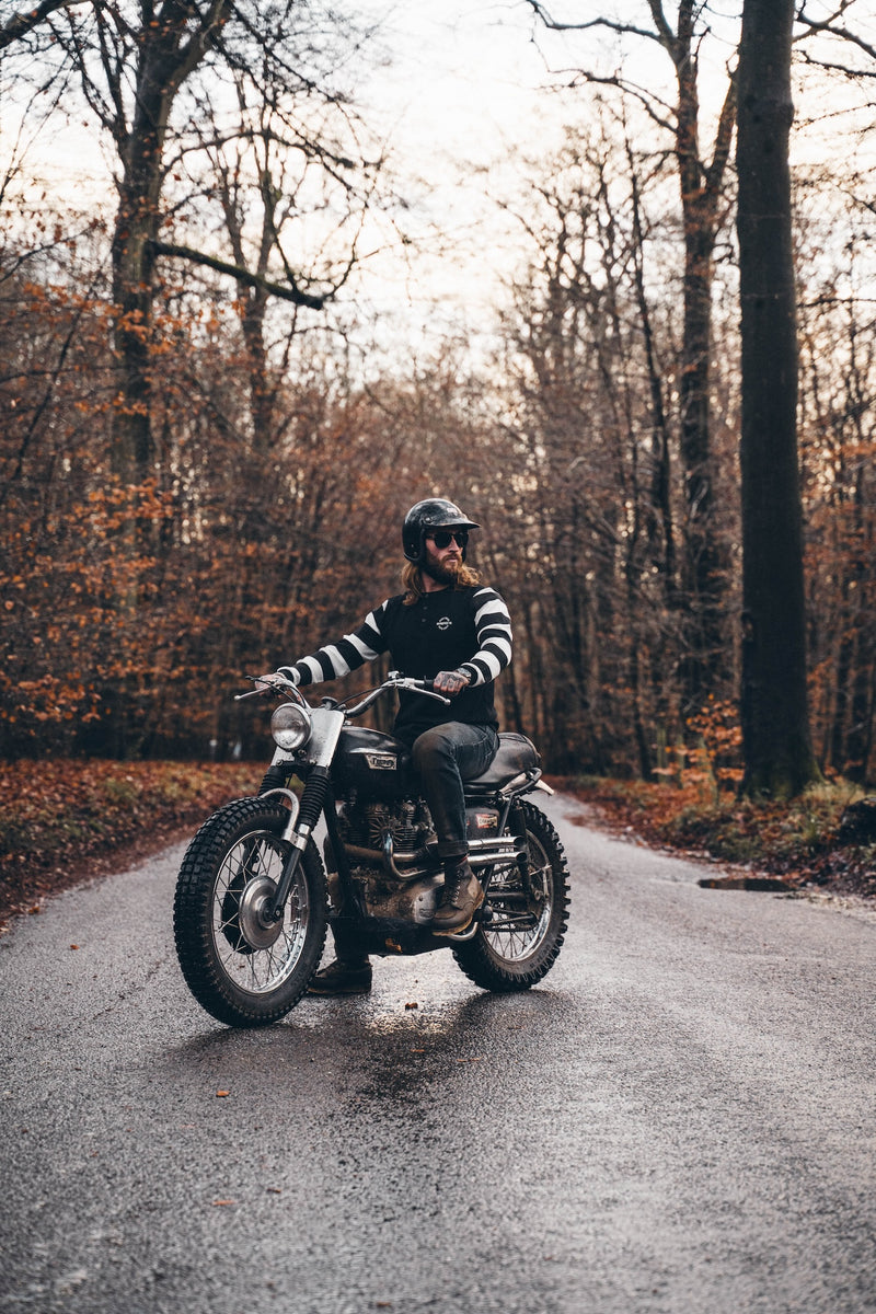 Hawkeye Moto Wearing our BSMC Rocker Long Sleeve Waffle - Black/Cream