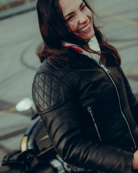 Goldtop Womens '76 Cafe Racer Jacket - Black worn by model outdoors