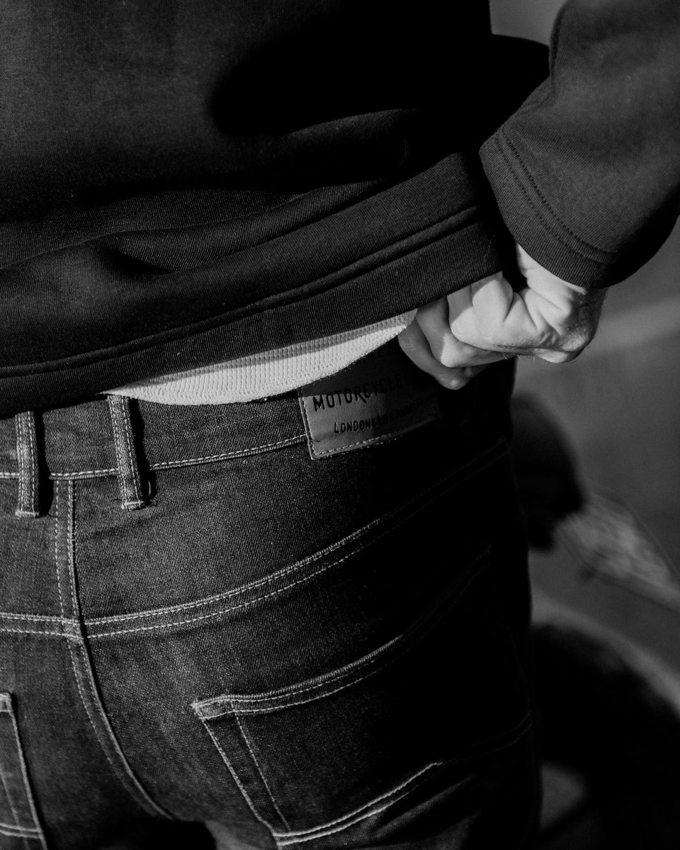 Sam wearing our Motorcycle Resistant - BSR01 Jeans - Raw Indigo