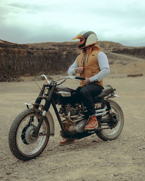 BSMC Utility Vest - Tan worn by model on bike