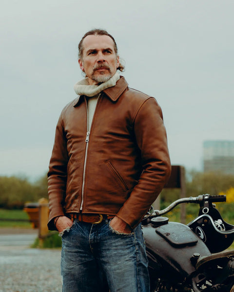 Goldtop 1958 Jacket brown worn by model outdoors