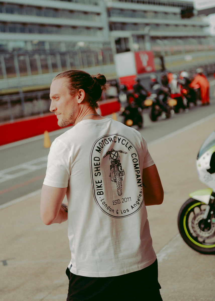 Steve wearing our BSMC Motorcycle Graphic T Shirt - White