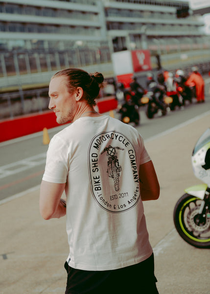 Steve wearing our BSMC Motorcycle Graphic T Shirt - White