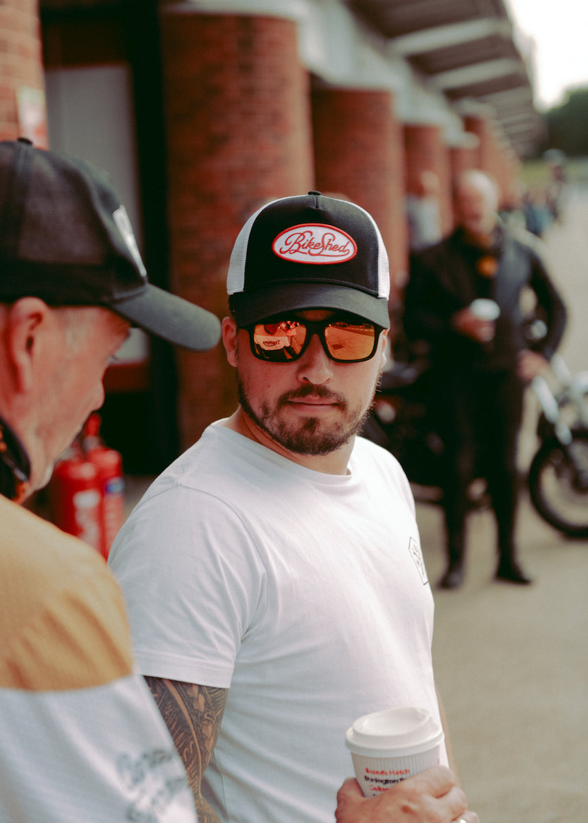 WIll wearing our Bike Shed Logo Patch Baseball Hat  - Black/White