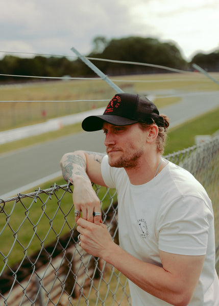 Steve wearing our Bike Shed Moto Co Lightning Logo Baseball Hat - Black