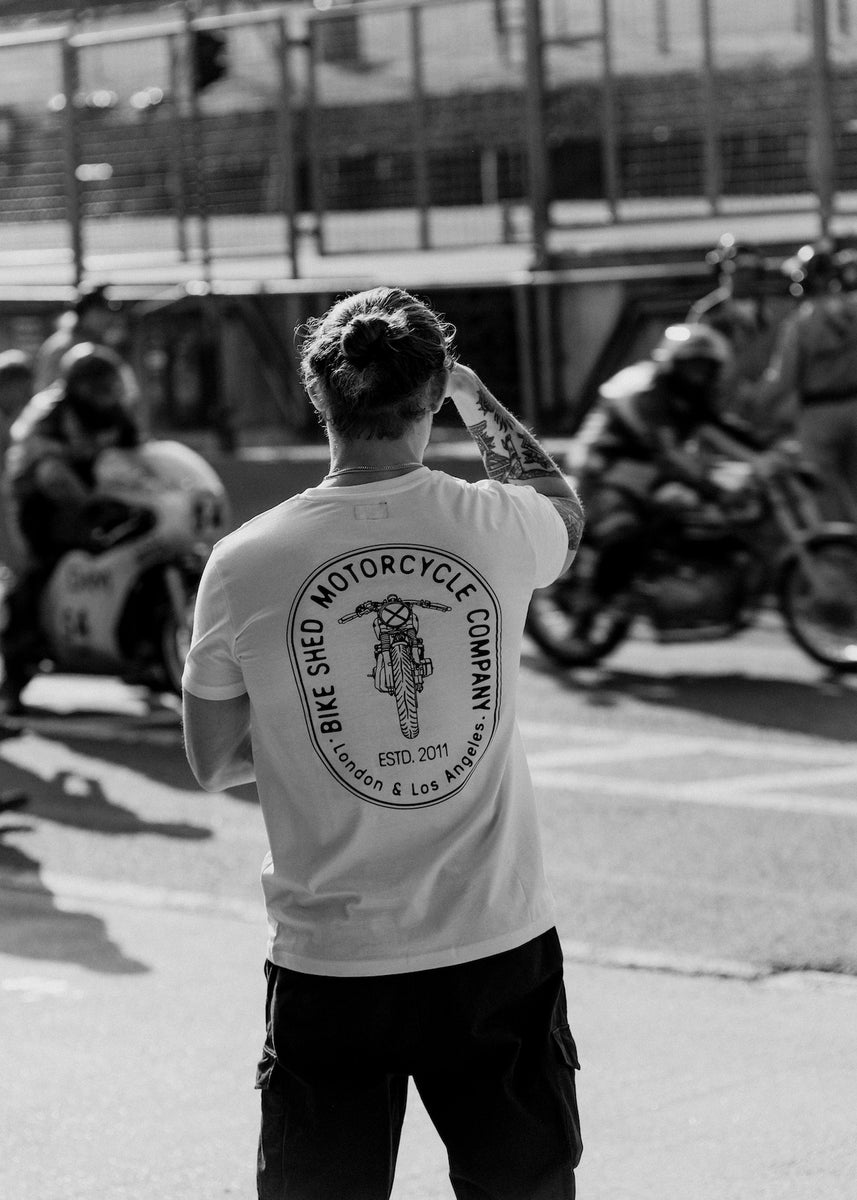 Steve wearing our BSMC Motorcycle Graphic T Shirt  - White