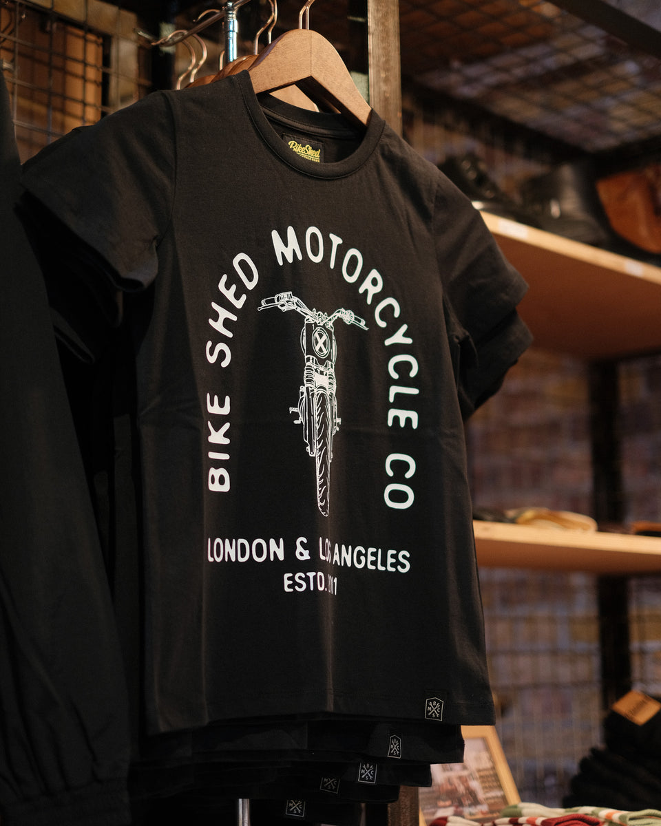 Bike Shed Motorcycle Co Womens Tracker Bars T-Shirt - Black in our London store