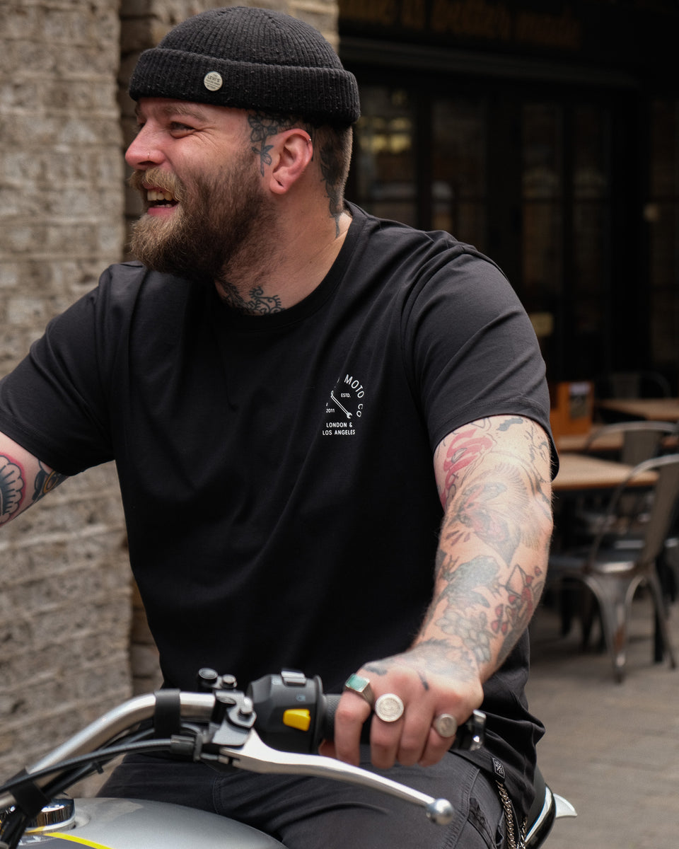 Liam wearing our BSMC Tracker Bars T-Shirt - Black