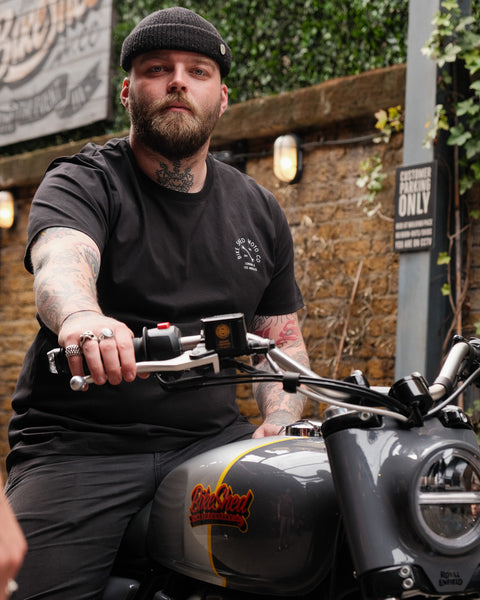 Liam wearing our BSMC Tracker Bars T-Shirt - Black