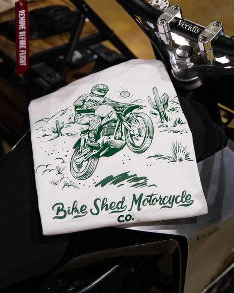 Bike Shed Desert Race T-Shirt Green Motorcycle Print Graphic on a White Cotton T-Shirt.