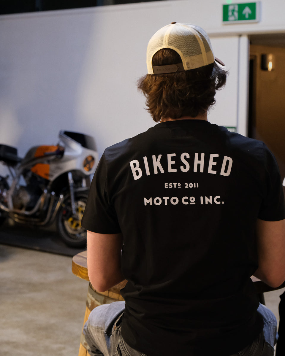 BSMC ESTD. Pocket T-Shirt - Black worn by model at the Bike Shed London