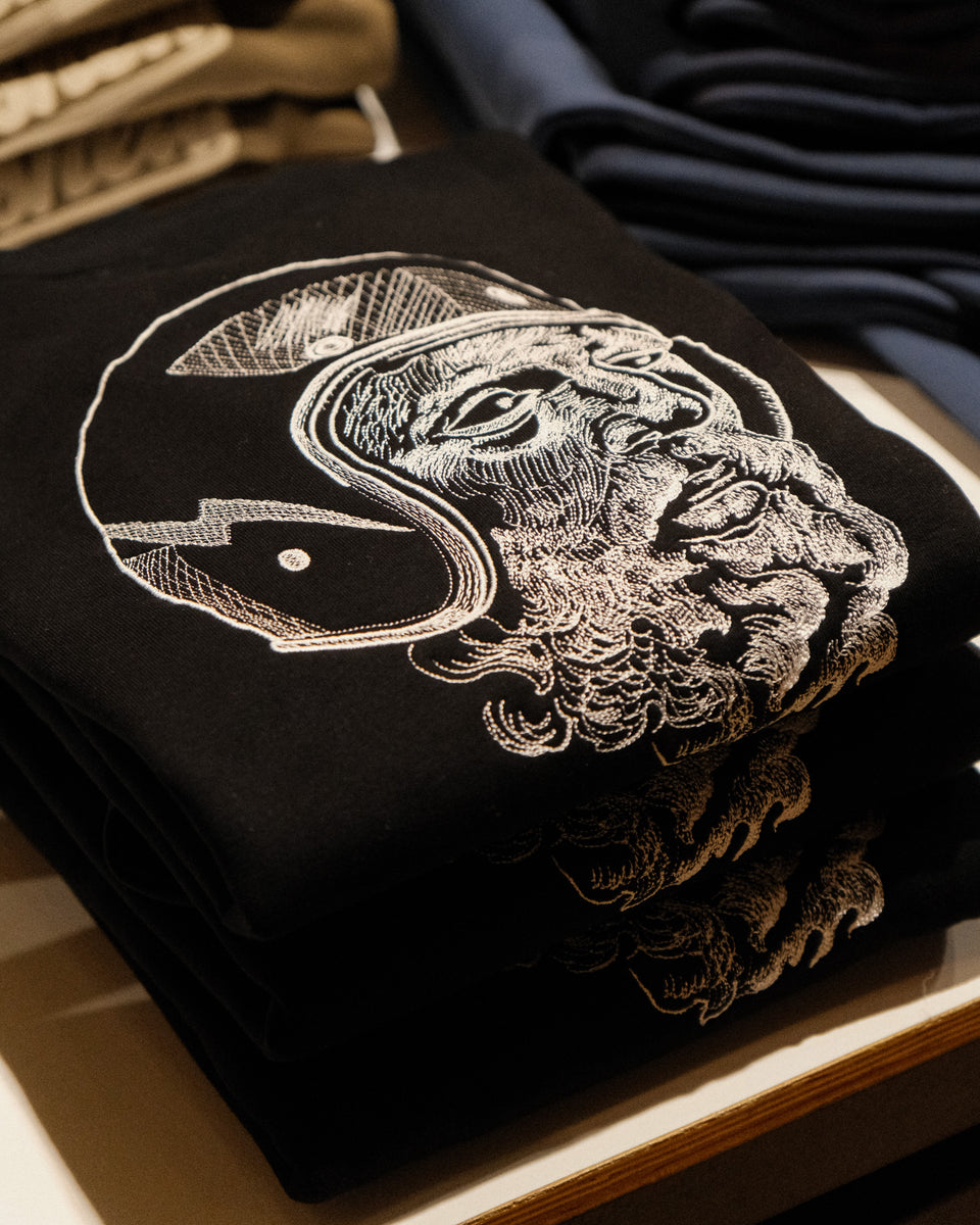 Zeus Embroidered Sweatshirt Black back logo close up