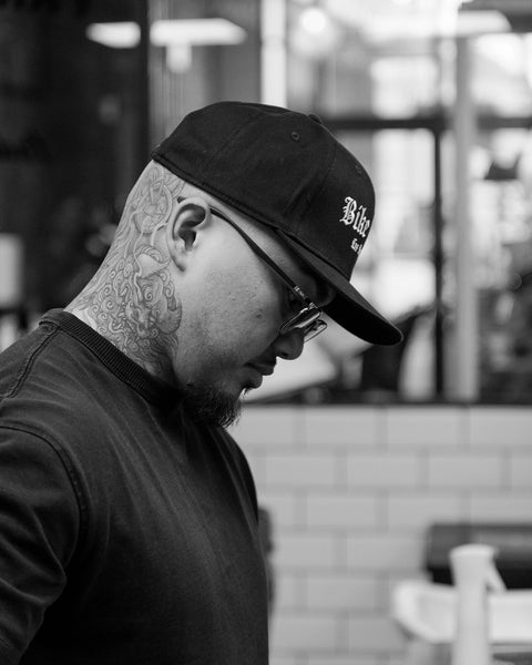 black Los Angeles Bike Shed Moto Co. snapback baseball hat detail