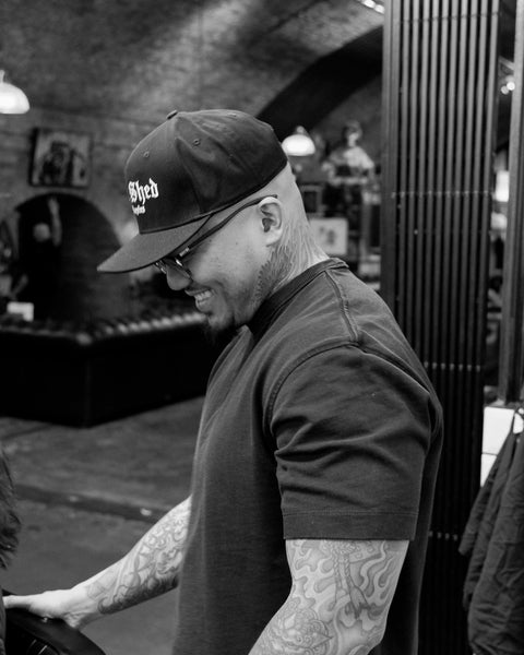 black Los Angeles Bike Shed Moto Co. snapback baseball hat detail