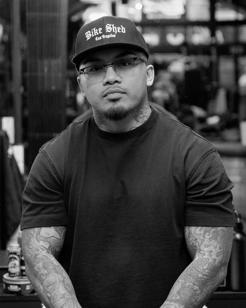 black Los Angeles Bike Shed Moto Co. snapback baseball hat detail