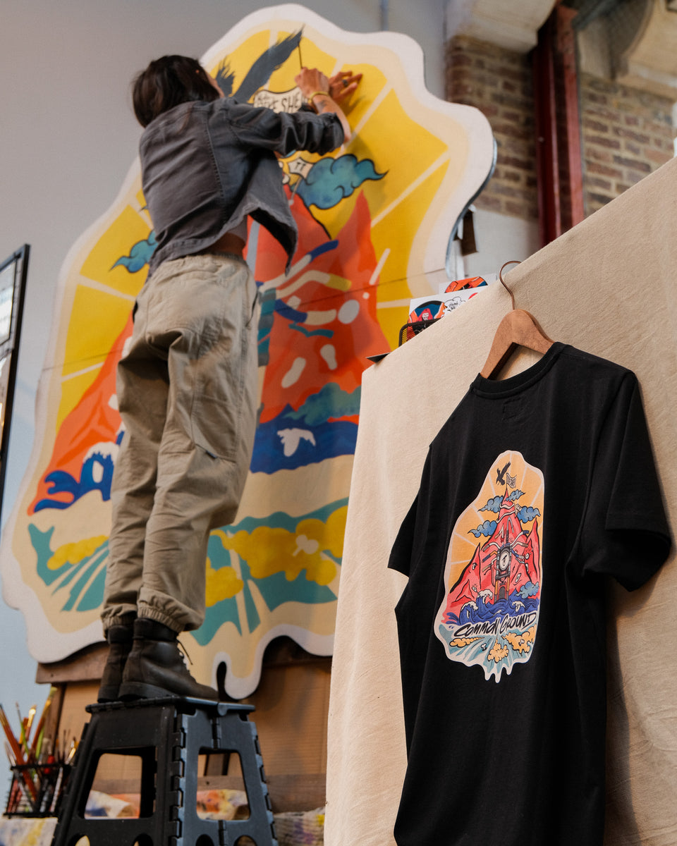 Black cotton t-shirt with mural motorcycle graphic back