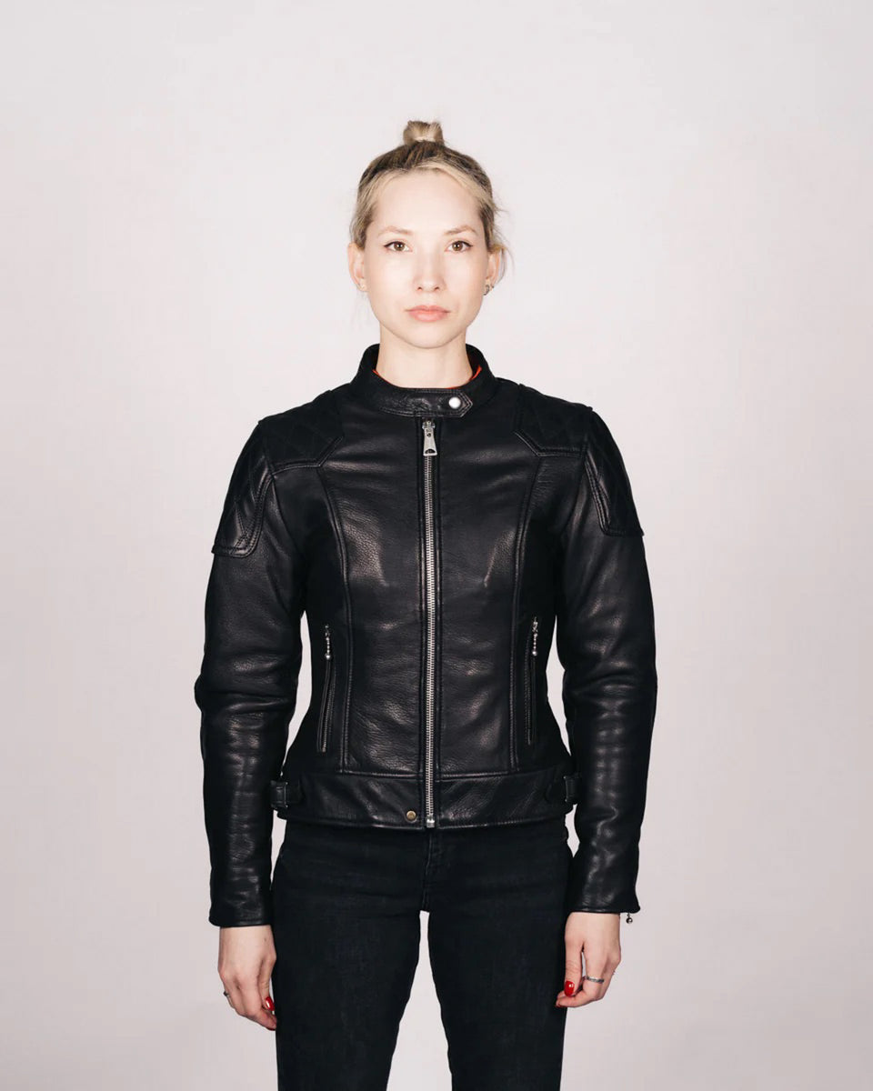 Goldtop Womens '76 Cafe Racer Jacket - Black worn by model indoors