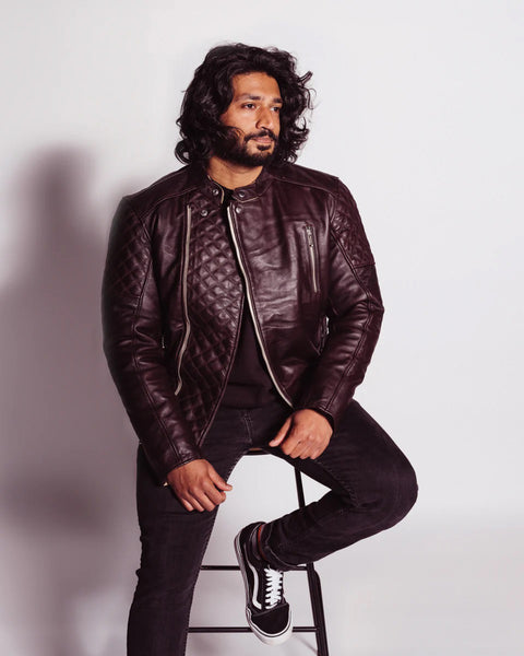 Goldtop Bobber Jacket - Oxblood worn by model indoors