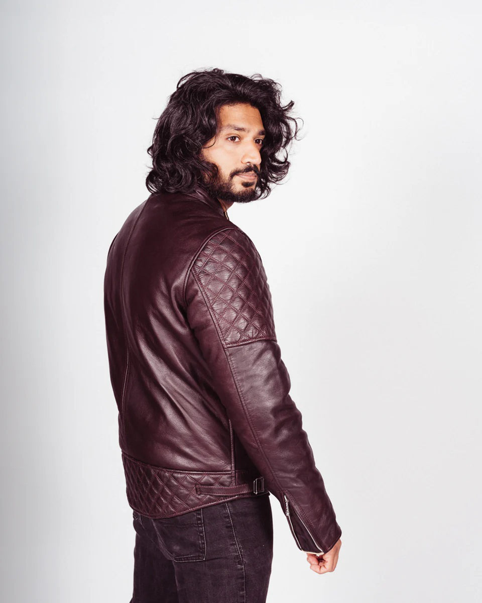 Goldtop Bobber Jacket - Oxblood worn by model indoors