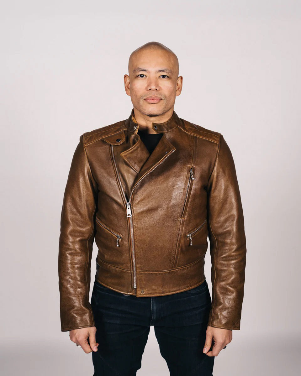 Goldtop Lancer Jacket - Brown worn by model indoors