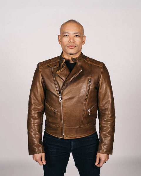 Goldtop Lancer Jacket - Brown worn by model indoors