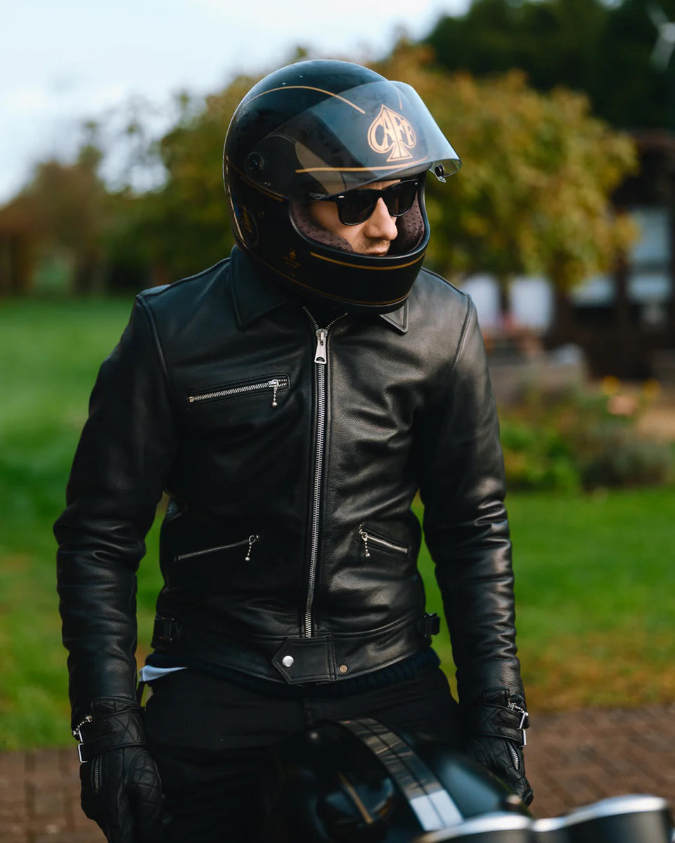 Goldtop 1959 Jacket - Black worn by model on motorcycle