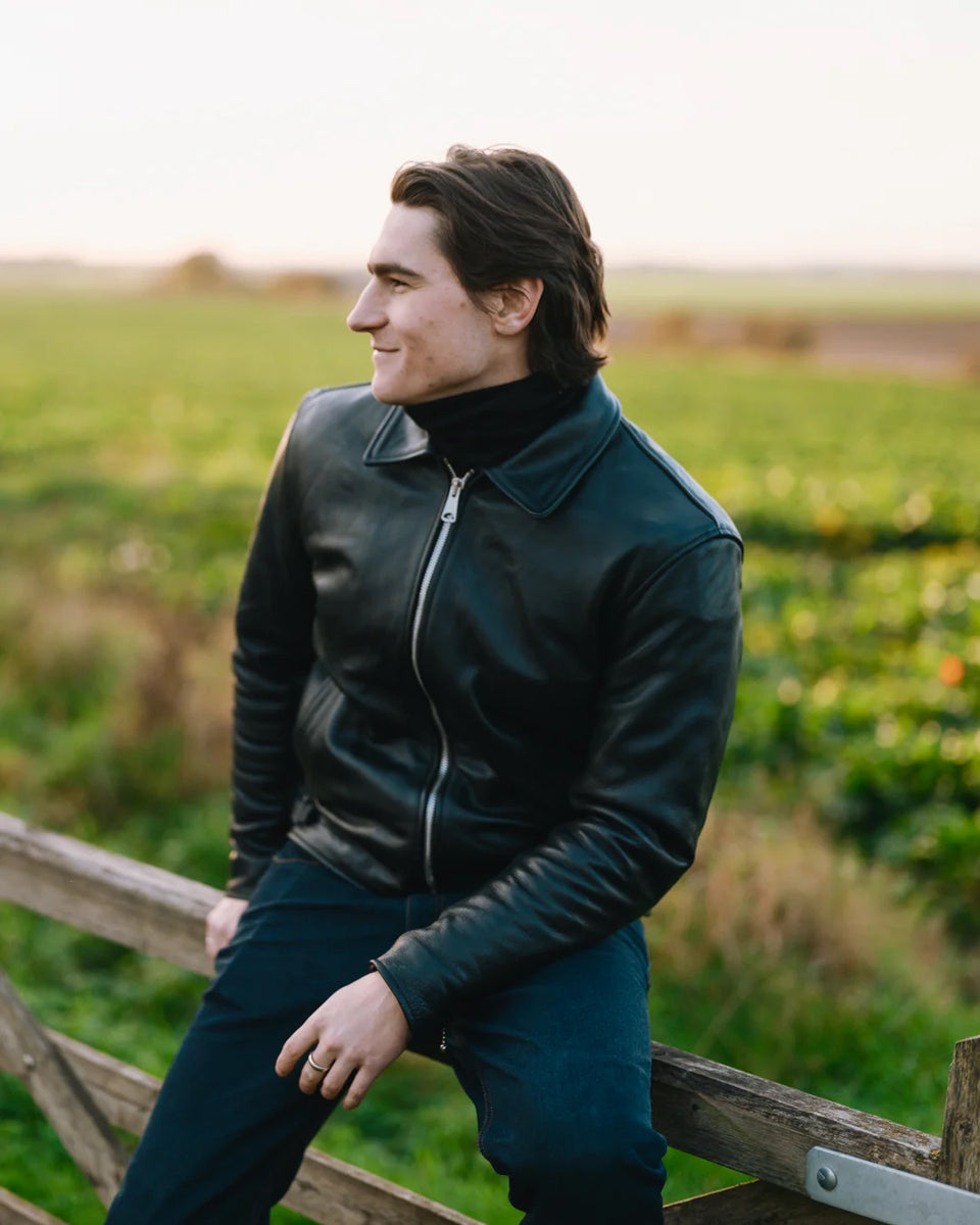 Goldtop 1958 Jacket black worn by model outdoors 