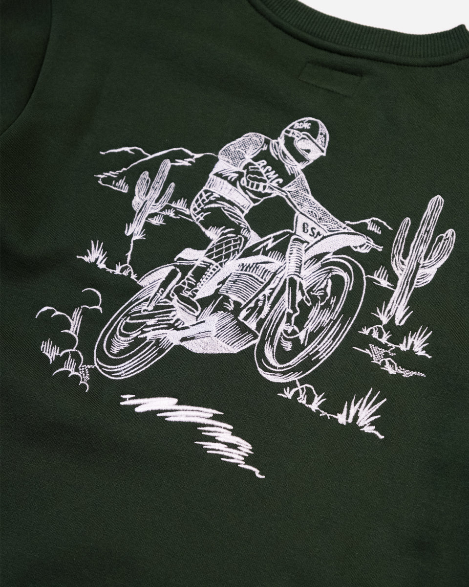 Bike Shed Desert Race Sweatshirt Green Studio Image Back Logo Close Up