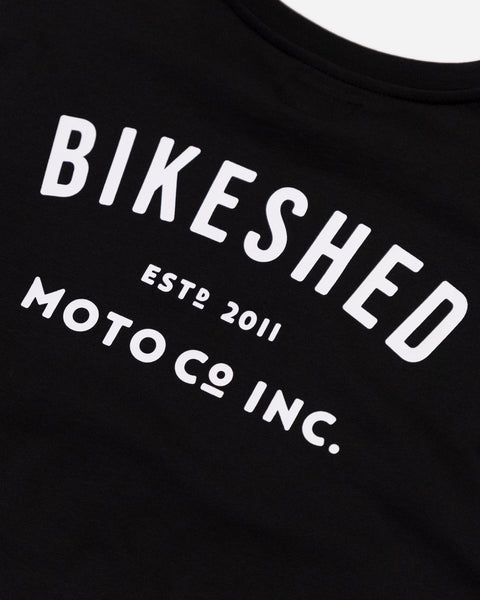 Bike Shed ESTD Longsleeve Black T-Shirt Studio Image Back Close Up