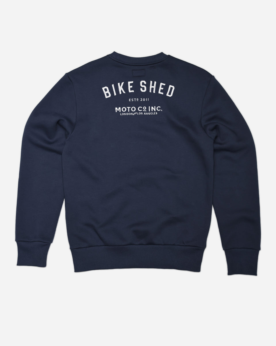 Navy Blue Bike Shed Moto Co. Embroidered Sweatshirt back 