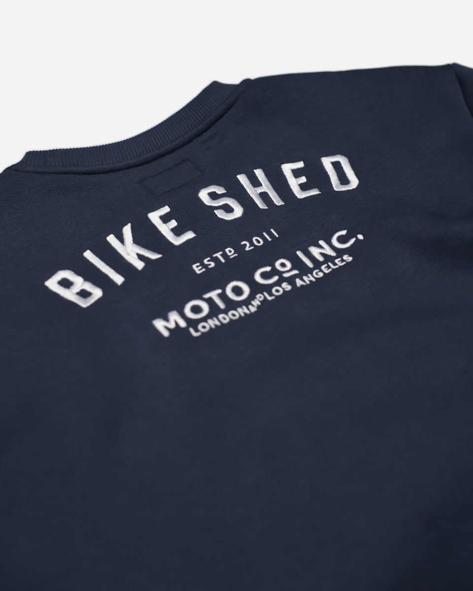 Navy Blue Bike Shed Moto Co. Embroidered Sweatshirt back print close up